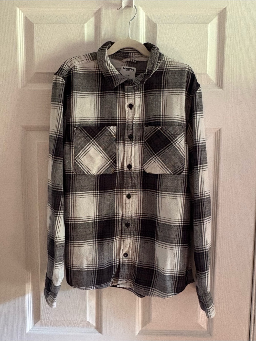 Sonoma Boys Plaid Flannel Shirt Black White Youth Large 100% Cotton